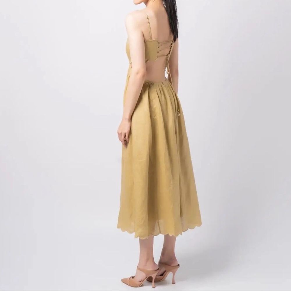 Zimmermann Jude Scallop Midi Linen Dress Size 1 Color Tan - Picture 2 of 16